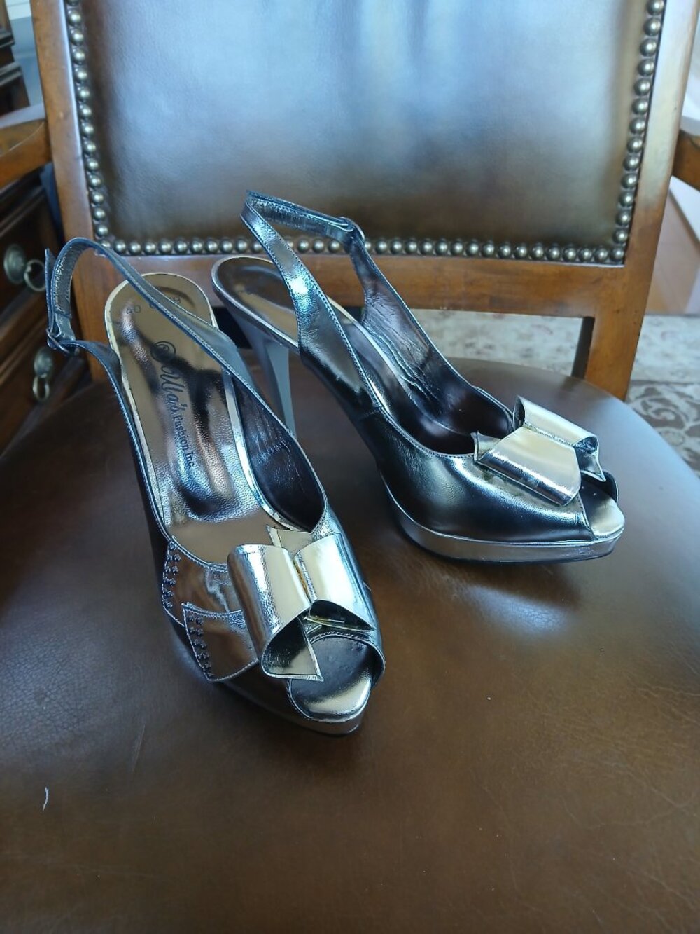 Silver lame leather heels just in time.